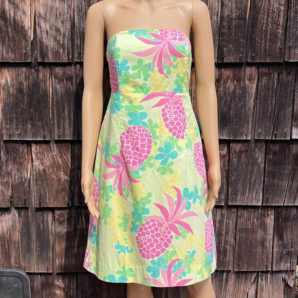 Lilly Pulitzer Strapless Floral Pineapple Print Dress‎ With Bow Back Size 8 - Picture 1 of 8